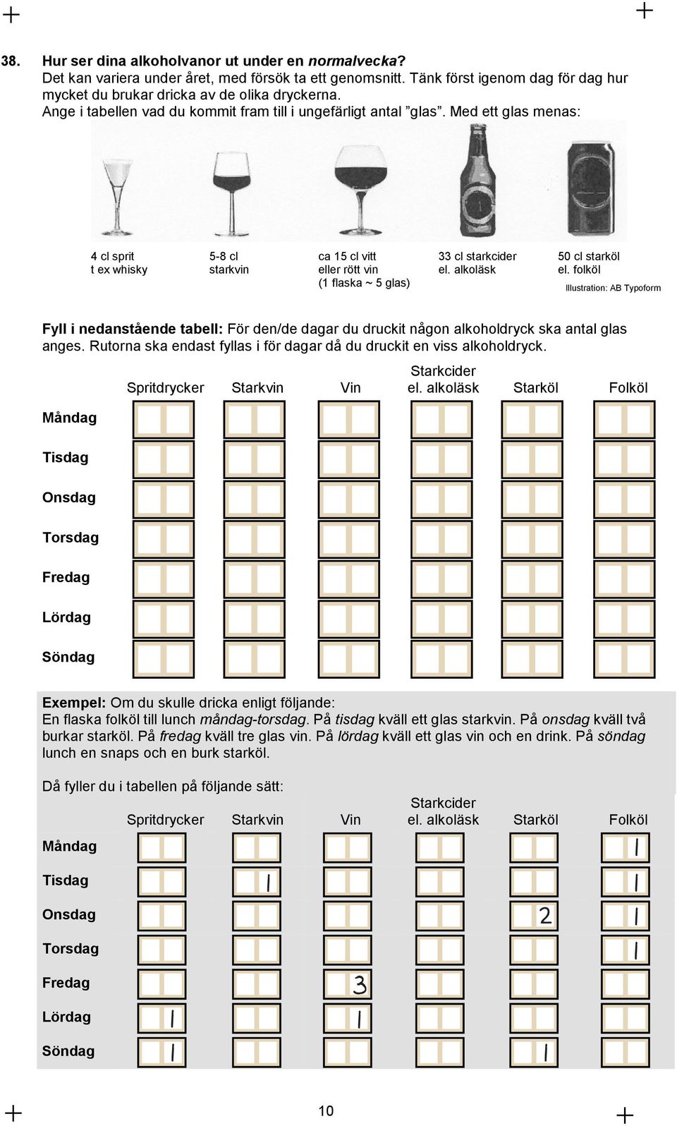 alkoläsk 50 cl starköl el. folköl Illustration: AB Typoform Fyll i nedanstående tabell: För den/de dagar du druckit någon alkoholdryck ska antal glas anges.