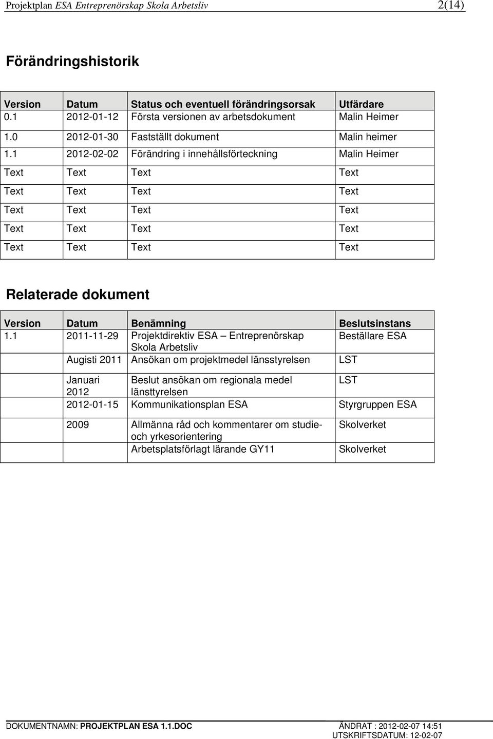 1 2012-02-02 Förändring i innehållsförteckning Malin Heimer Text Text Text Text Text Text Text Text Text Text Text Text Text Text Text Text Text Text Text Text 1BRelaterade dokument Version Datum