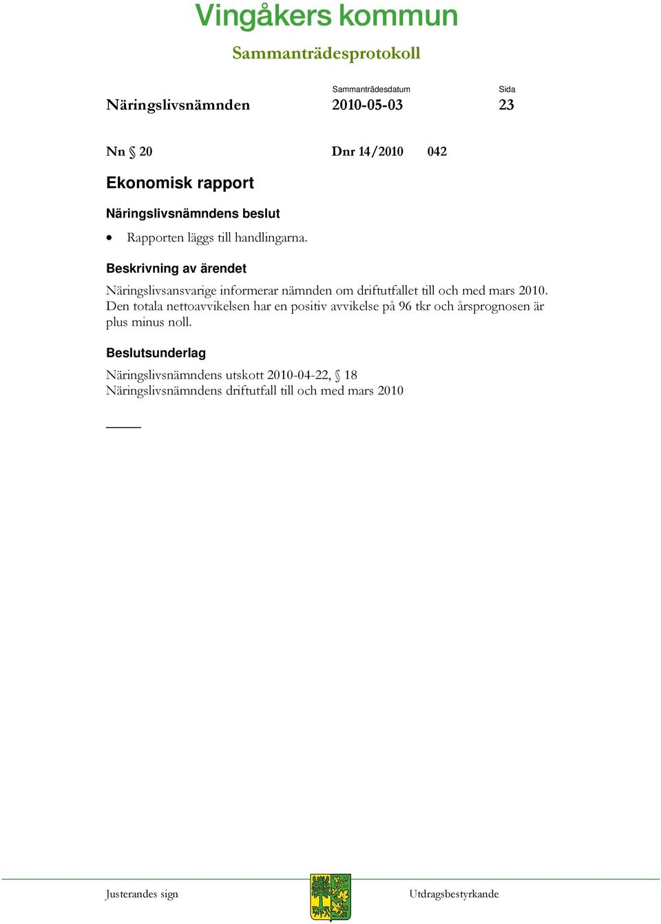 Den totala nettoavvikelsen har en positiv avvikelse på 96 tkr och årsprognosen är plus minus noll.