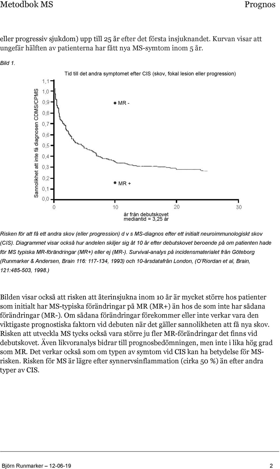 Diagrammet visar också hur andelen skiljer sig åt 10 år efter debutskovet beroende på om patienten hade för MS typiska MR-förändringar (MR+) eller ej (MR-).