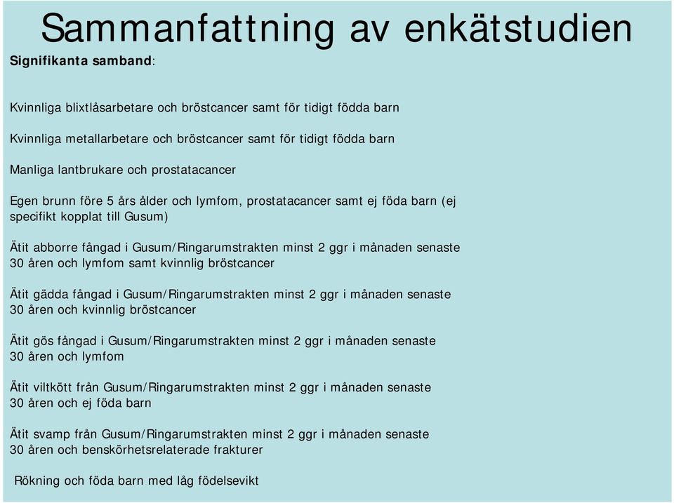 månaden senaste och lymfom samt kvinnlig bröstcancer Ätit gädda fångad i Gusum/Ringarumstrakten minst 2 ggr i månaden senaste och kvinnlig bröstcancer Ätit gös fångad i Gusum/Ringarumstrakten minst 2