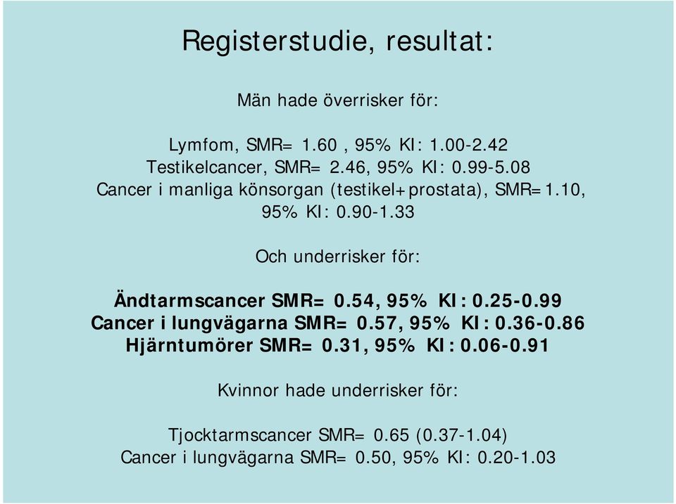 33 Och underrisker för: Ändtarmscancer SMR= 0.54, 95% KI: 0.25-0.99 Cancer i lungvägarna SMR= 0.57, 95% KI: 0.36-0.