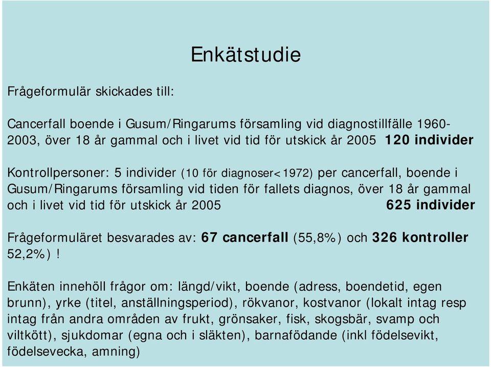 individer Frågeformuläret besvarades av: 67 cancerfall (55,8%) och 326 kontroller 52,2%)!