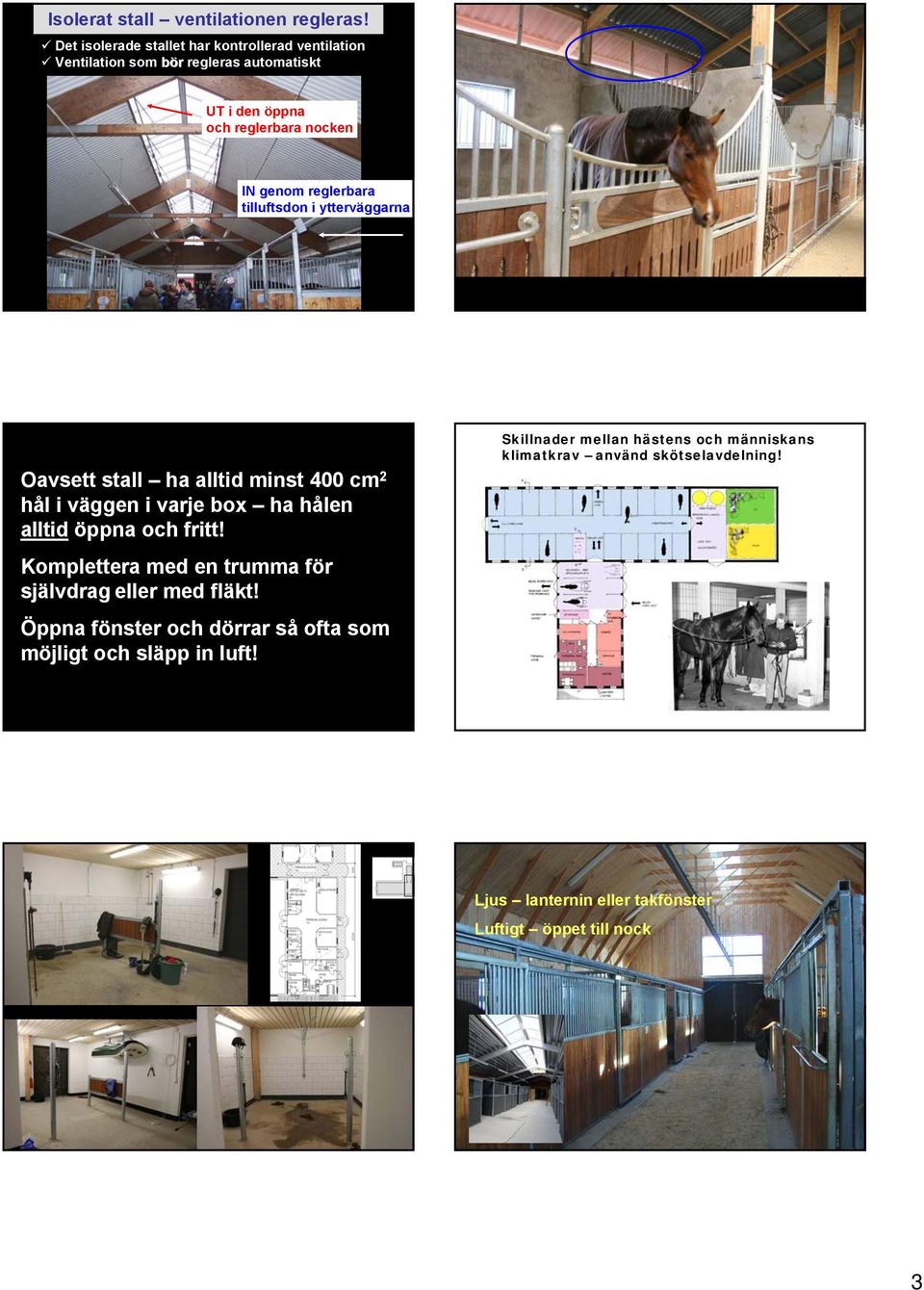 reglerbara tilluftsdon i ytterväggarna Oavsett stall ha alltid minst 400 cm 2 hål i väggen i varje box ha hålen alltid öppna och fritt!