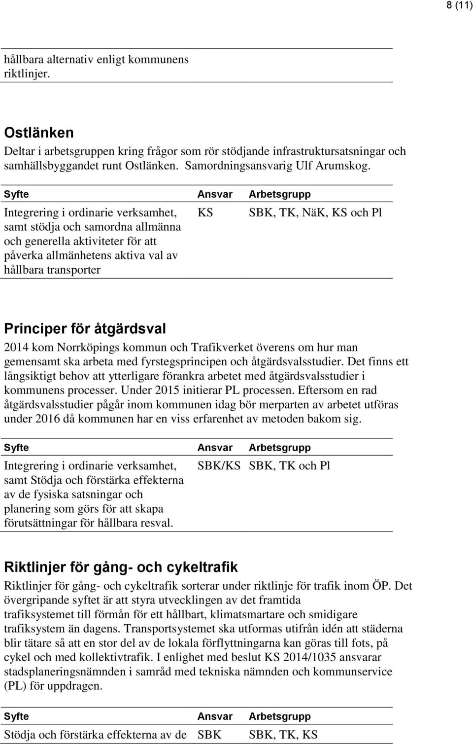 Integrering i ordinarie verksamhet, samt stödja och samordna allmänna och generella aktiviteter för att påverka allmänhetens aktiva val av hållbara transporter KS SBK, TK, NäK, KS och Pl Principer