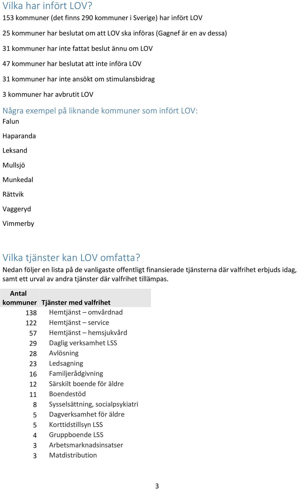 beslutat att inte införa LOV 31 kommuner har inte ansökt om stimulansbidrag 3 kommuner har avbrutit LOV Några exempel på liknande kommuner som infört LOV: Falun Haparanda Leksand Mullsjö Munkedal