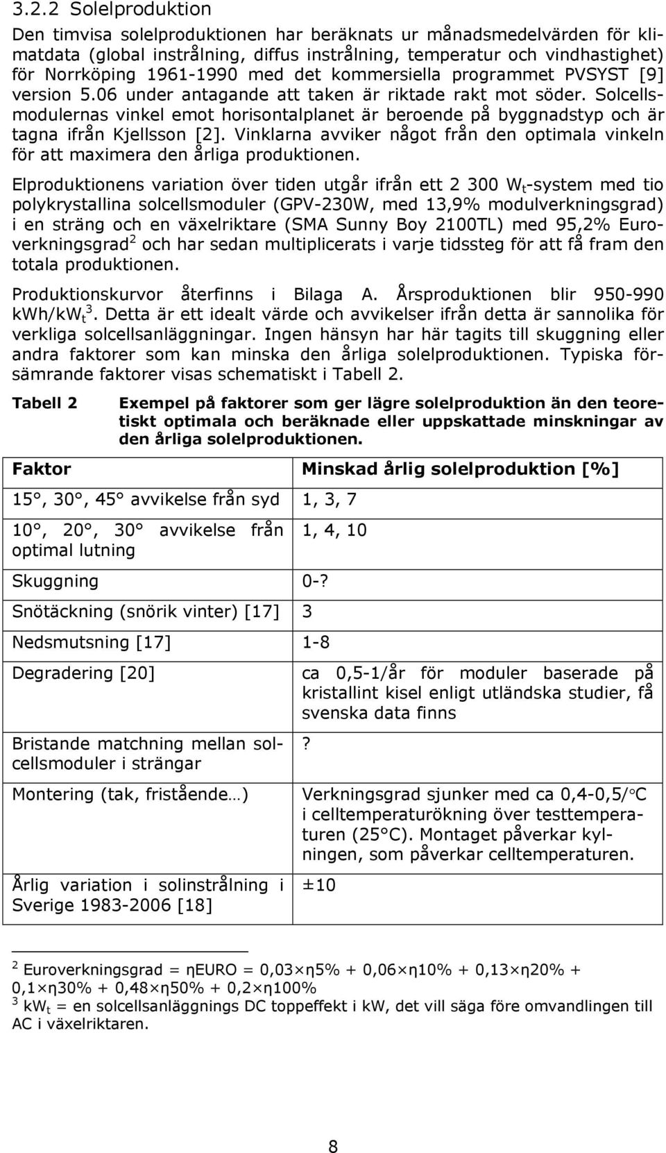 Solcellsmodulernas vinkel emot horisontalplanet är beroende på byggnadstyp och är tagna ifrån Kjellsson [2]. Vinklarna avviker något från den optimala vinkeln för att maximera den årliga produktionen.