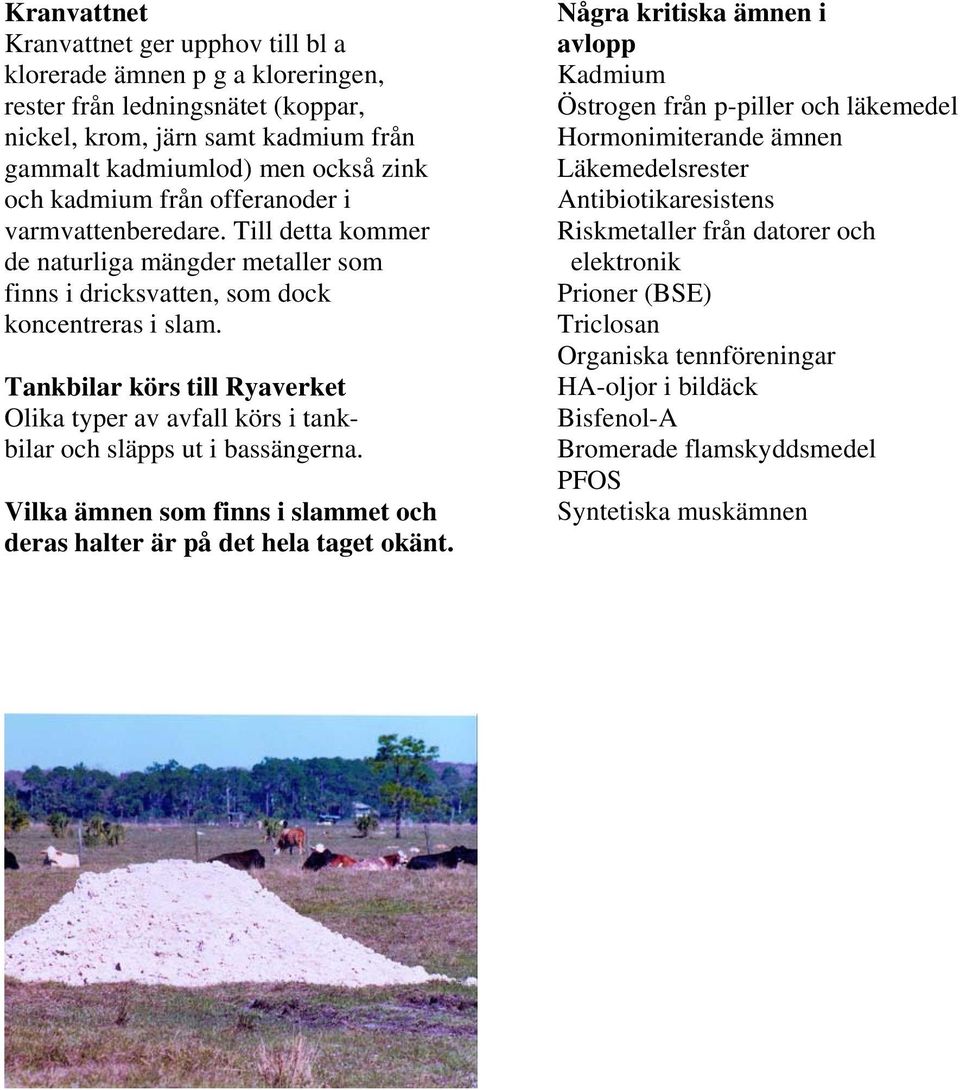 Tankbilar körs till Ryaverket Olika typer av avfall körs i tankbilar och släpps ut i bassängerna. Vilka ämnen som finns i slammet och deras halter är på det hela taget okänt.