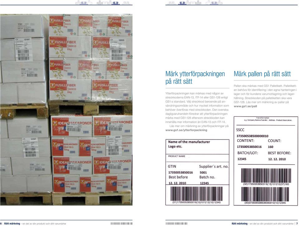 Den svenska dagligvaruhandeln föredrar att ytterförpackningen märks med GS1-128 eftersom streckkoden kan innehålla mer information än EAN-13 och ITF-14.