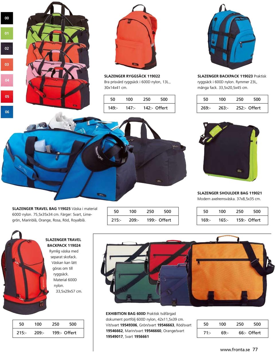 75,5x35x34 cm. Färger: Svart, Limegrön, Marinblå, Orange, Rosa, Röd, Royalblå. 215:- 209:- 199:- Offert 169:- 165:- 159:- Offert SLAZENGER TRAVEL BACKPACK 119024 Rymlig väska med separat skofack.
