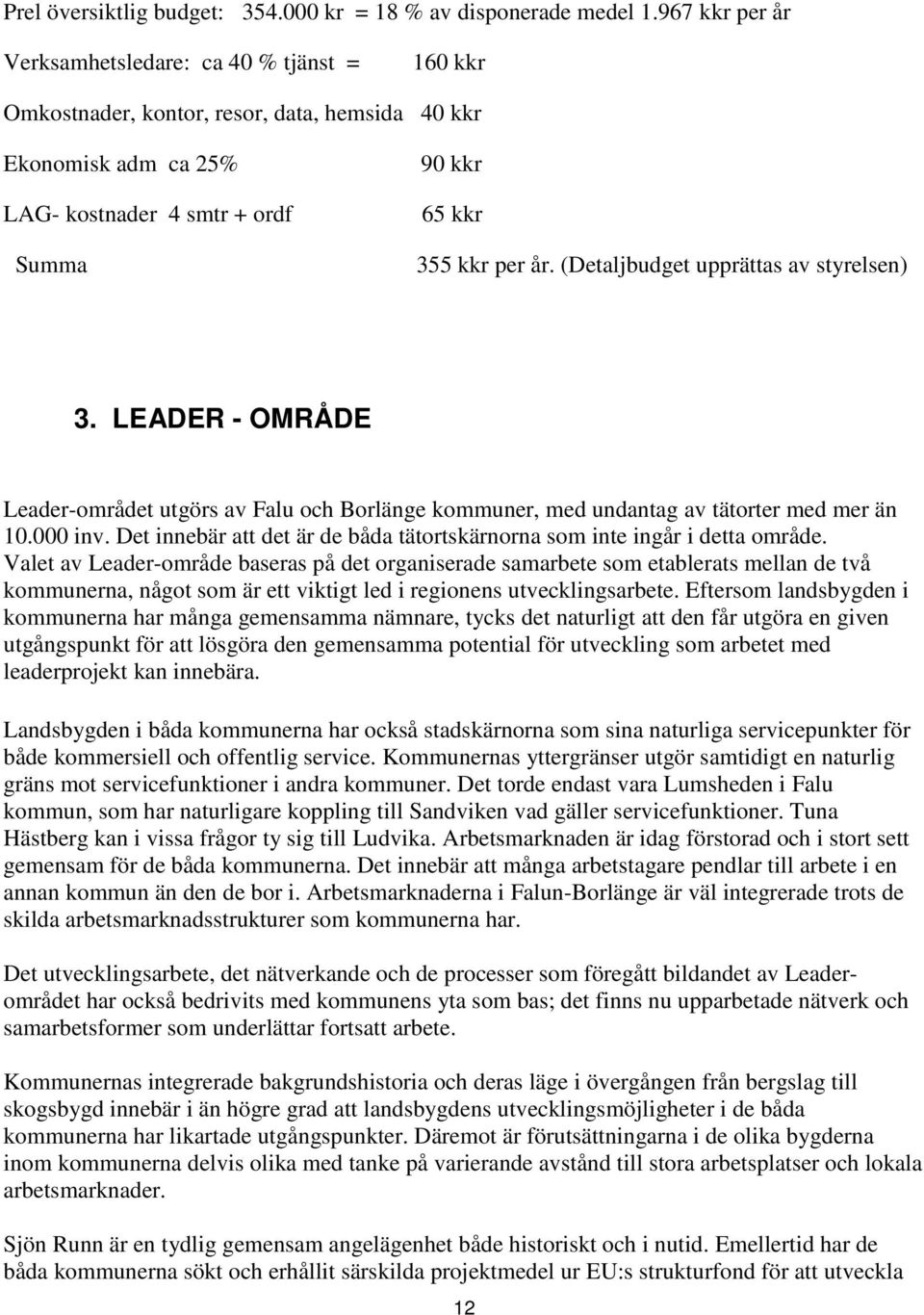 (Detaljbudget upprättas av styrelsen) 3. LEADER - OMRÅDE Leader-området utgörs av Falu och Borlänge kommuner, med undantag av tätorter med mer än 10.000 inv.