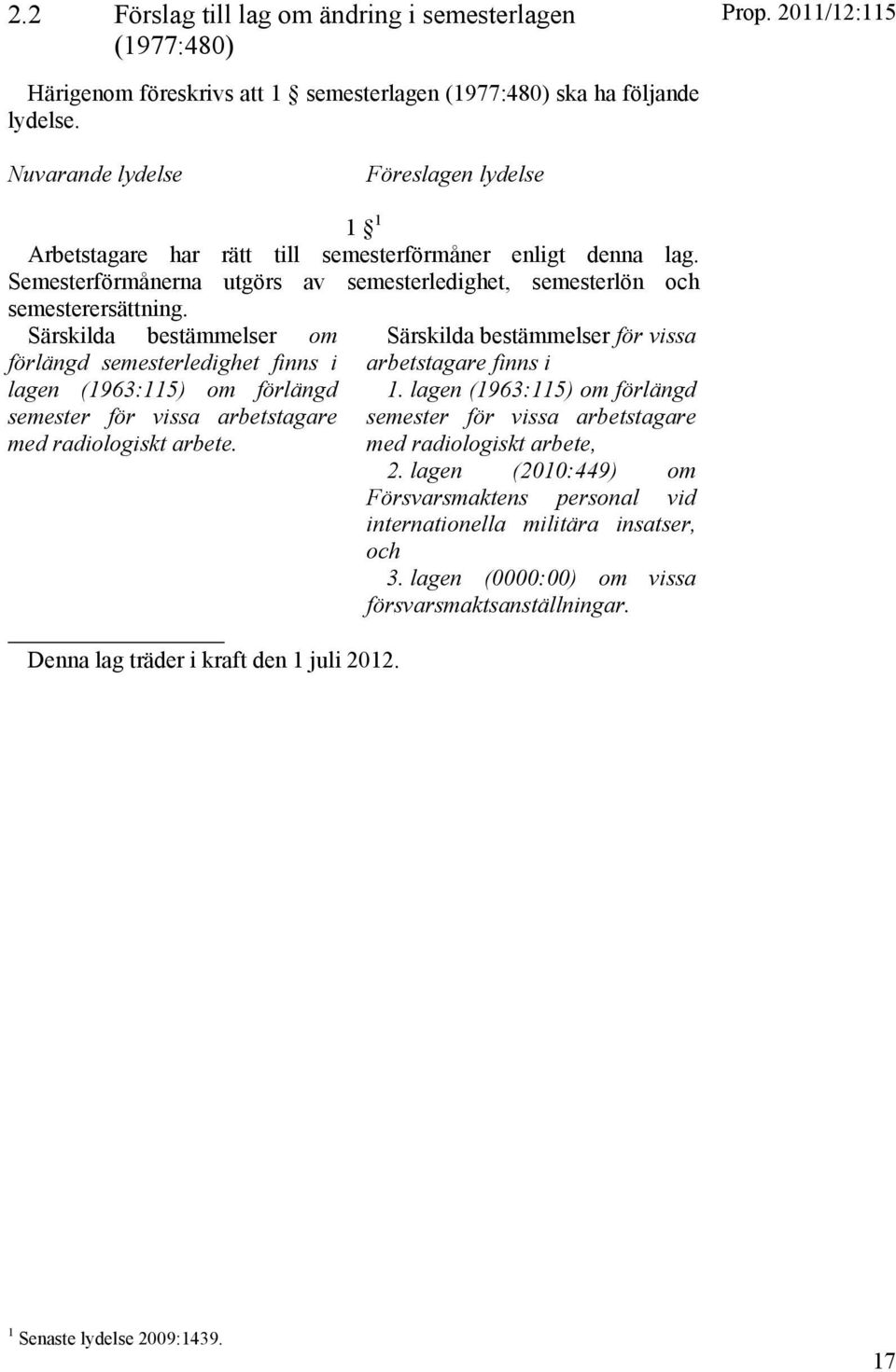 Särskilda bestämmelser om förlängd semesterledighet finns i lagen (1963:115) om förlängd semester för vissa arbetstagare med radiologiskt arbete. Denna lag träder i kraft den 1 juli 2012.