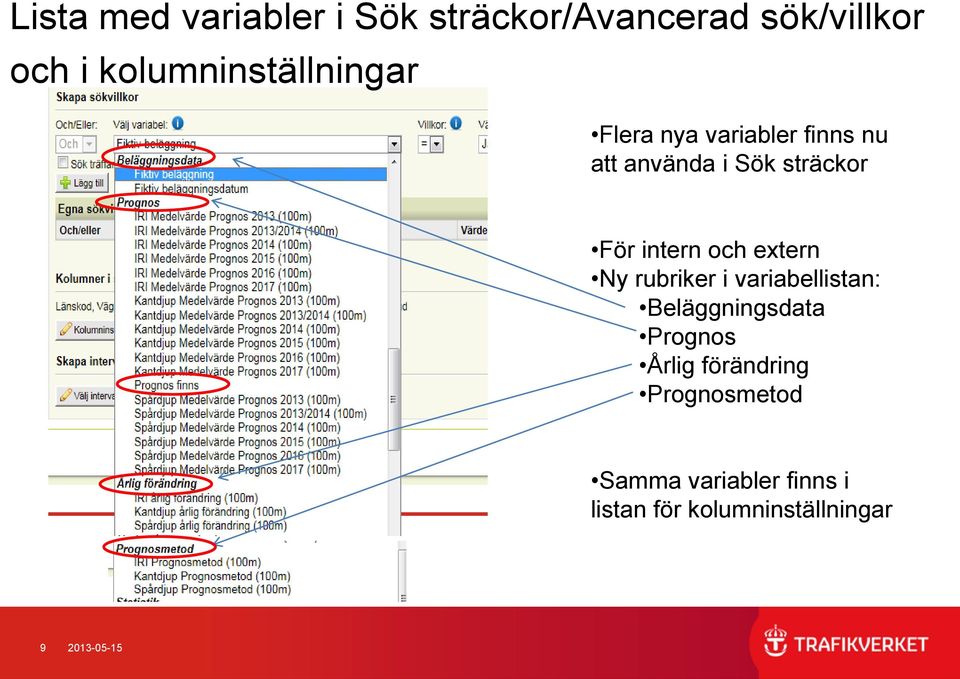 För intern och extern Ny rubriker i variabellistan: Beläggningsdata Prognos