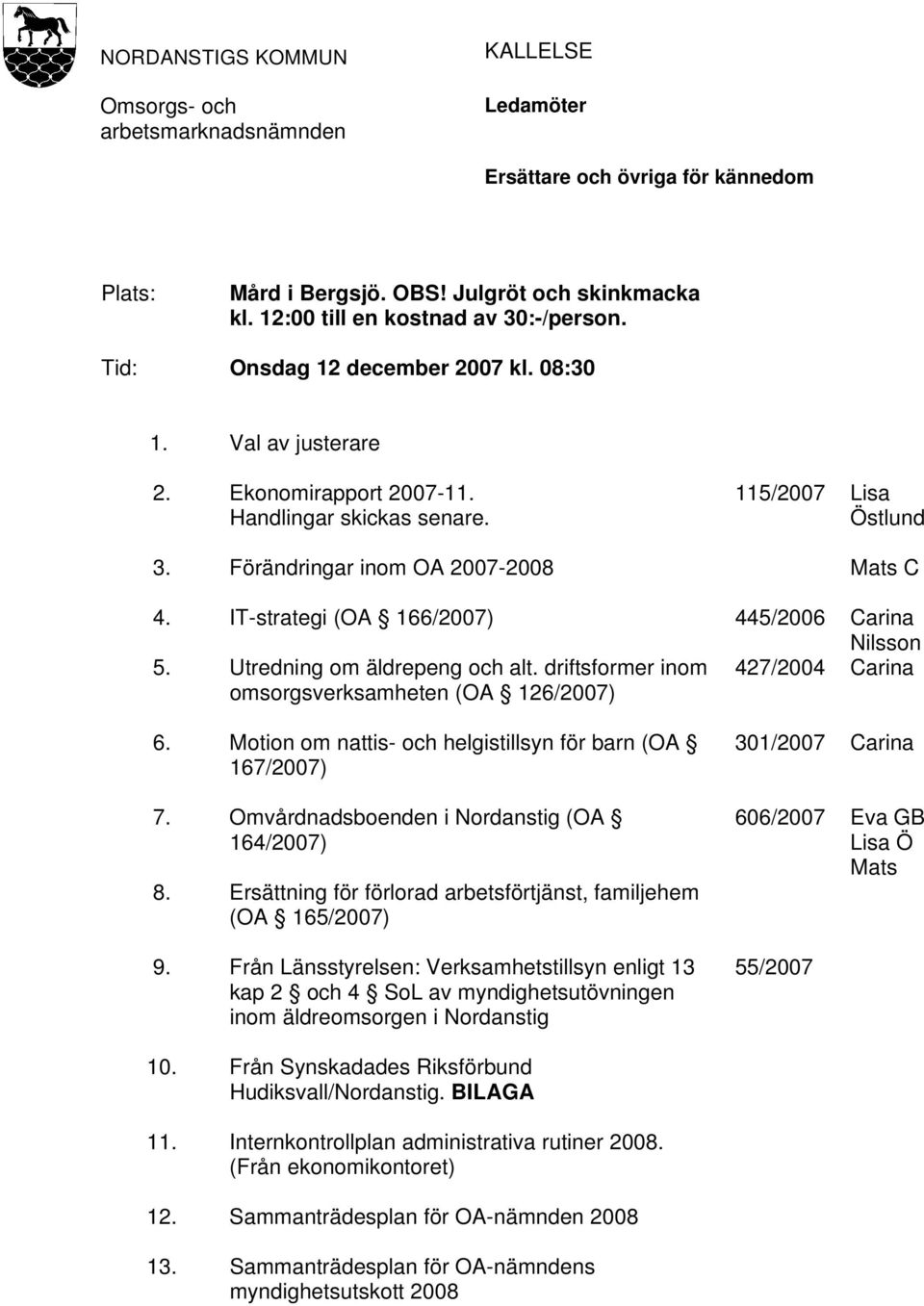 IT-strategi (OA 166/2007) 445/2006 Carina Nilsson 5. Utredning om äldrepeng och alt. driftsformer inom omsorgsverksamheten (OA 126/2007) 427/2004 Carina 6.