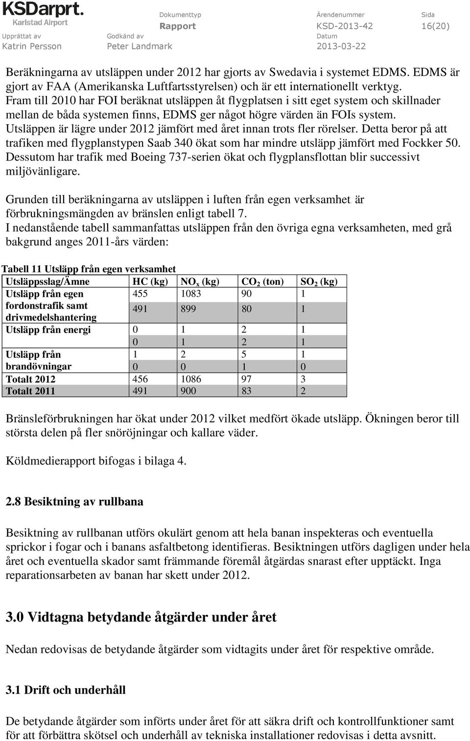 Utsläppen är lägre under 2012 jämfört med året innan trots fler rörelser. Detta beror på att trafiken med flygplanstypen Saab 340 ökat som har mindre utsläpp jämfört med Fockker 50.