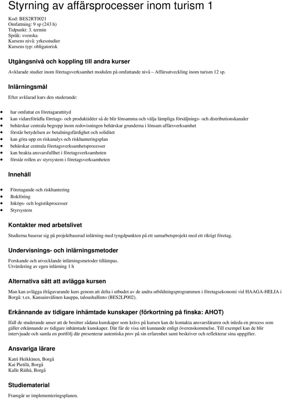 Affärsutveckling inom turism 12 sp.