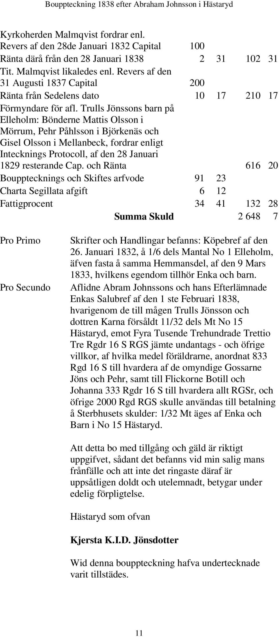 Trulls Jönssons barn på Elleholm: Bönderne Mattis Olsson i Mörrum, Pehr Påhlsson i Björkenäs och Gisel Olsson i Mellanbeck, fordrar enligt Intecknings Protocoll, af den 28 Januari 1829 resterande Cap.