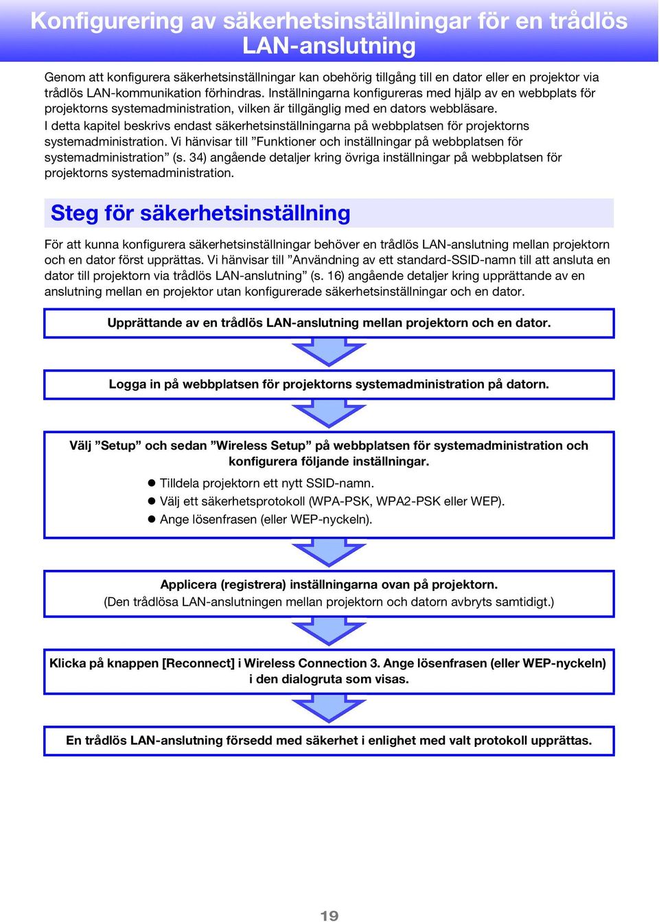 I detta kapitel beskrivs endast säkerhetsinställningarna på webbplatsen för projektorns systemadministration. Vi hänvisar till Funktioner och inställningar på webbplatsen för systemadministration (s.