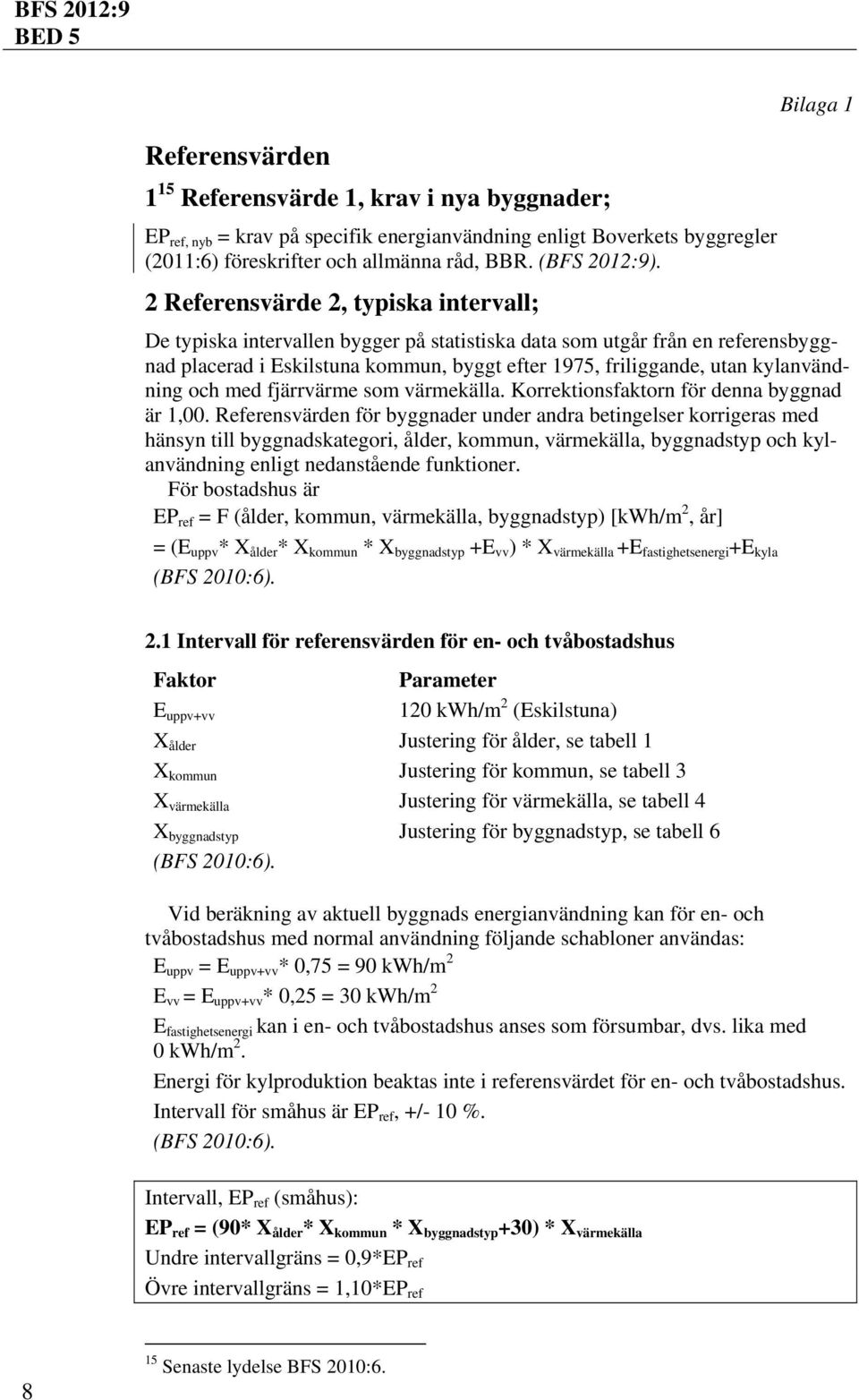 2 Referensvärde 2, typiska intervall; Bilaga 1 De typiska intervallen bygger på statistiska data som utgår från en referensbyggnad placerad i Eskilstuna kommun, byggt efter 1975, friliggande, utan