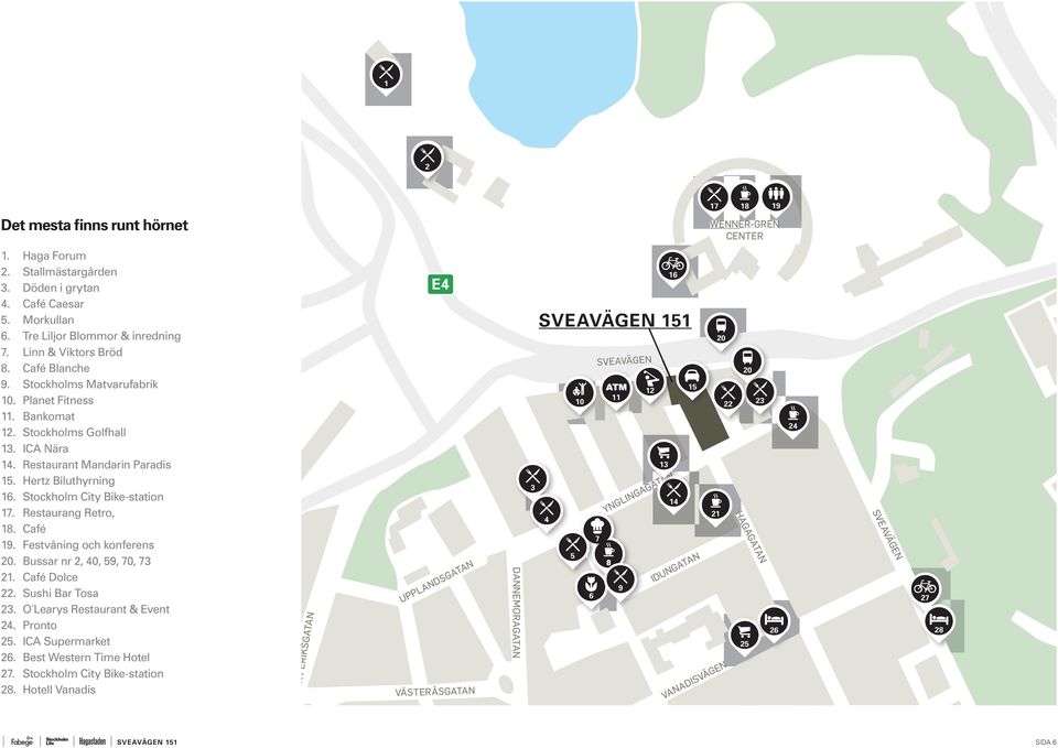 Restaurang Retro, 18. Café 19. Festvåning och konferens 20. Bussar nr 2, 40, 59, 70, 73 21. Café Dolce 22. Sushi Bar Tosa 23. O Learys Restaurant & Event 24. Pronto 25. ICA Supermarket 26.