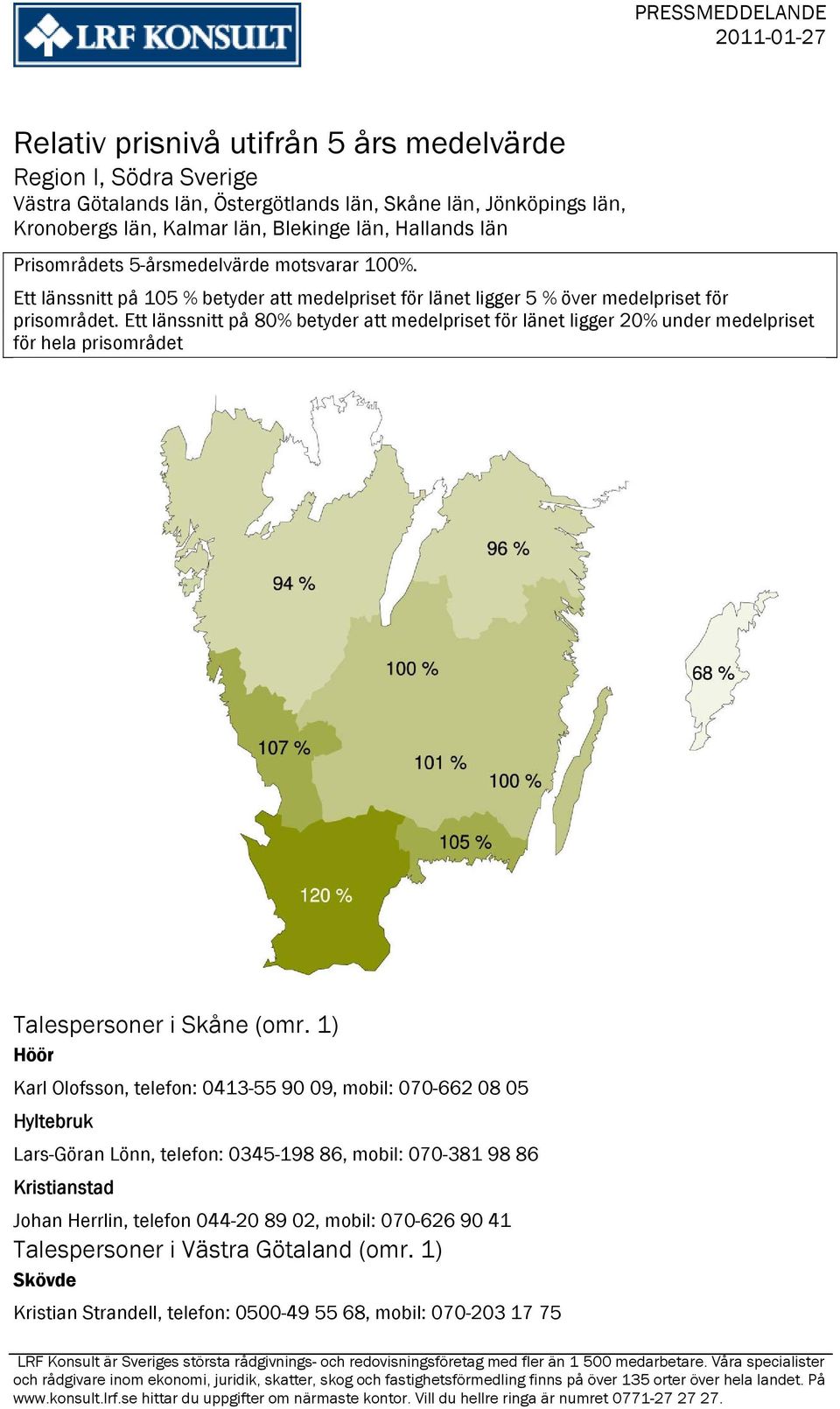 Ett länssnitt på 80% betyder att medelpriset för länet ligger 20% under medelpriset för hela prisområdet Talespersoner i Skåne (omr.