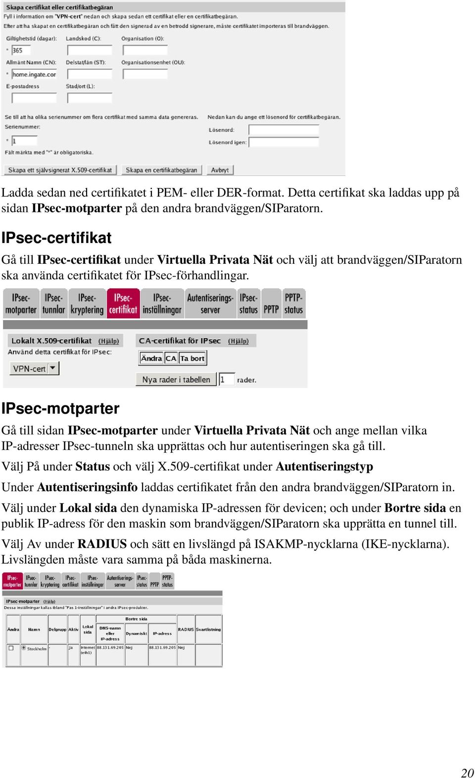 IPsec-motparter Gå till sidan IPsec-motparter under Virtuella Privata Nät och ange mellan vilka IP-adresser IPsec-tunneln ska upprättas och hur autentiseringen ska gå till.