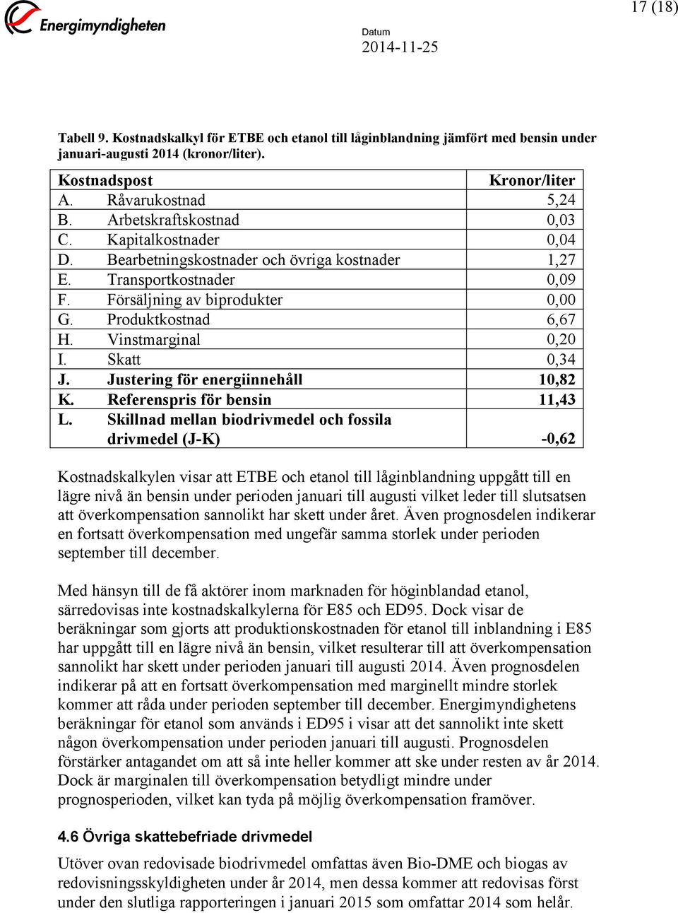 Vinstmarginal 0,20 I. Skatt 0,34 J. Justering för energiinnehåll 10,82 K. Referenspris för bensin 11,43 L.