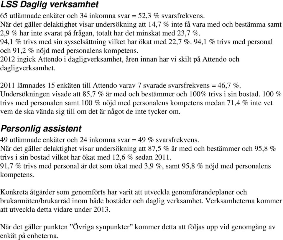 94,1 % trivs med sin sysselsättning vilket har ökat med 22,7 %. 94,1 % trivs med personal och 91,2 % nöjd med personalens kompetens.