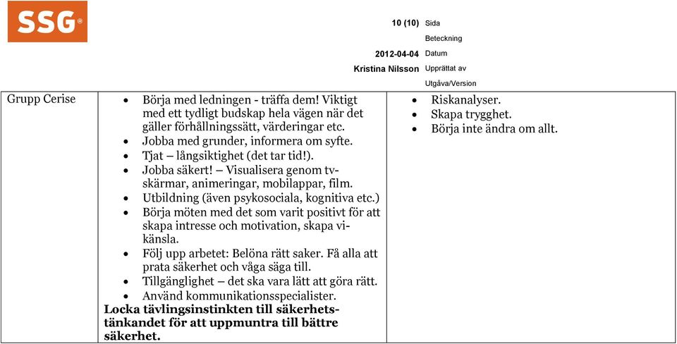 ) Börja möten med det som varit positivt för att skapa intresse och motivation, skapa vikänsla. Följ upp arbetet: Belöna rätt saker. Få alla att prata säkerhet och våga säga till.