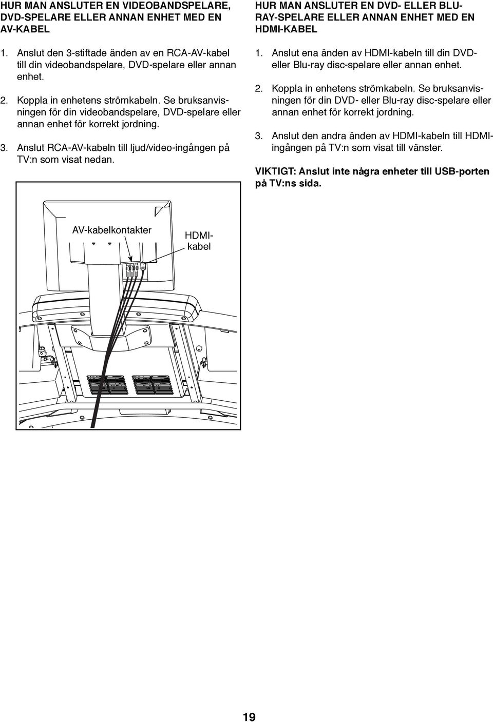 Anslut RCA-AV-kabeln till ljud/video-ingången på TV:n som visat nedan. HUR MAN ANSLUTER EN DVD- ELLER BLU- RAY-SPELARE ELLER ANNAN ENHET MED EN HDMI-KABEL 1.