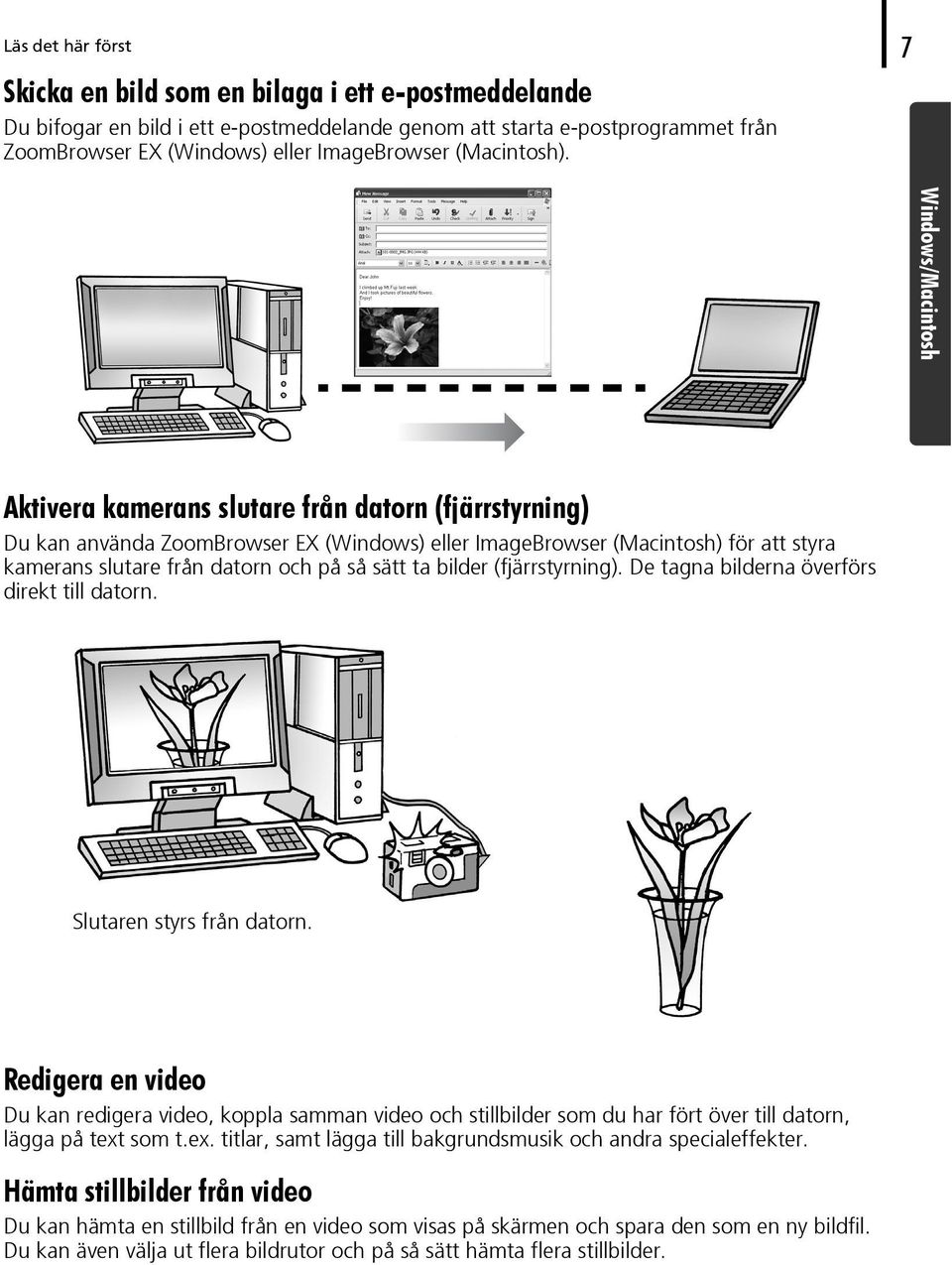 Windows/Macintosh Aktivera kamerans slutare från datorn (fjärrstyrning) Du kan använda ZoomBrowser EX (Windows) eller ImageBrowser (Macintosh) för att styra kamerans slutare från datorn och på så