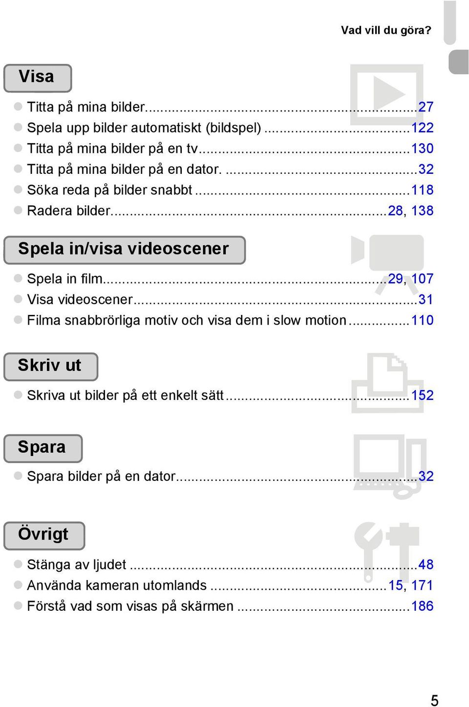 ..28, 138 Spela in/visa videoscener E Spela in film...29, 107 Visa videoscener...31 Filma snabbrörliga motiv och visa dem i slow motion.