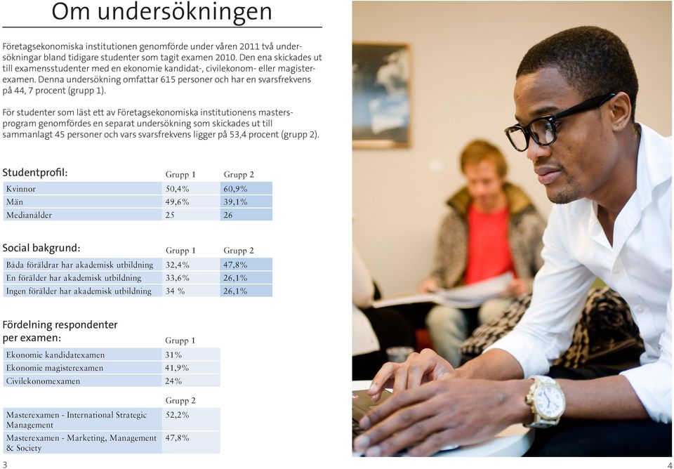 För studenter som läst ett av Företagsekonomiska institutionens mastersprogram genomfördes en separat undersökning som skickades ut till sammanlagt 45 personer och vars svarsfrekvens ligger på 53,4