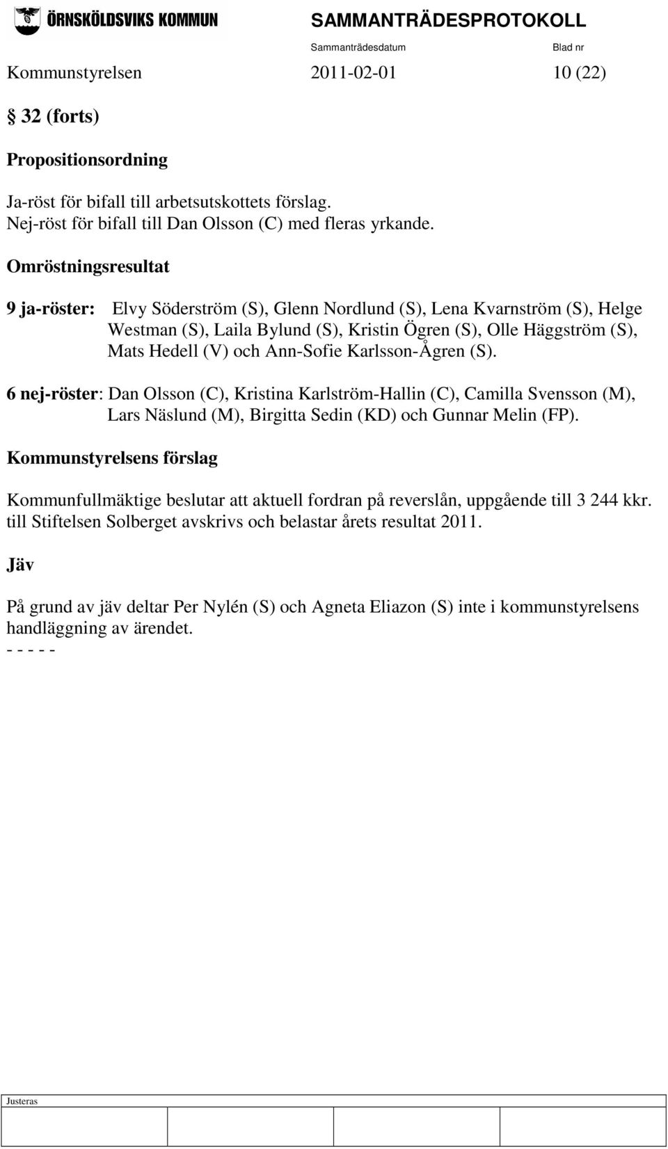 Ann-Sofie Karlsson-Ågren (S). 6 nej-röster: Dan Olsson (C), Kristina Karlström-Hallin (C), Camilla Svensson (M), Lars Näslund (M), Birgitta Sedin (KD) och Gunnar Melin (FP).