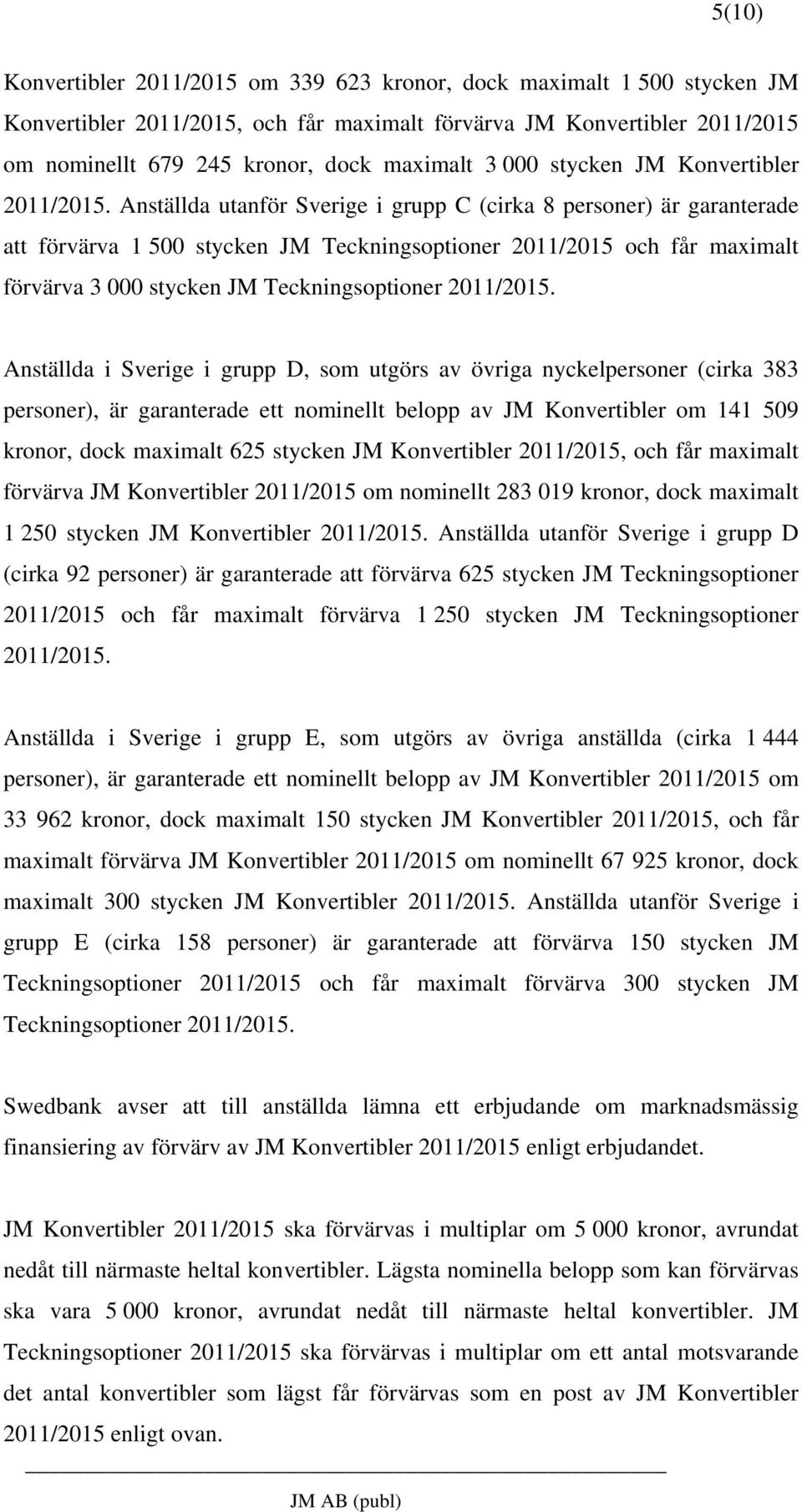 Anställda utanför Sverige i grupp C (cirka 8 personer) är garanterade att förvärva 1 500 stycken JM Teckningsoptioner 2011/2015 och får maximalt förvärva 3 000 stycken JM Teckningsoptioner 2011/2015.