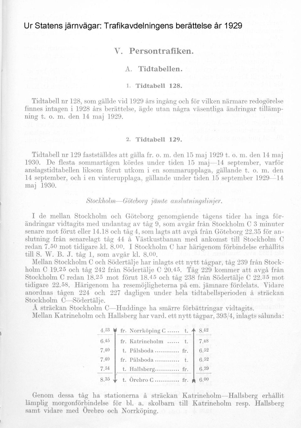 Tidtabell 129. Tidtabell nr 129 fastställdes att gälla fr. o. m. den 15 maj 1929 t. o. m. den 14 maj 1930.