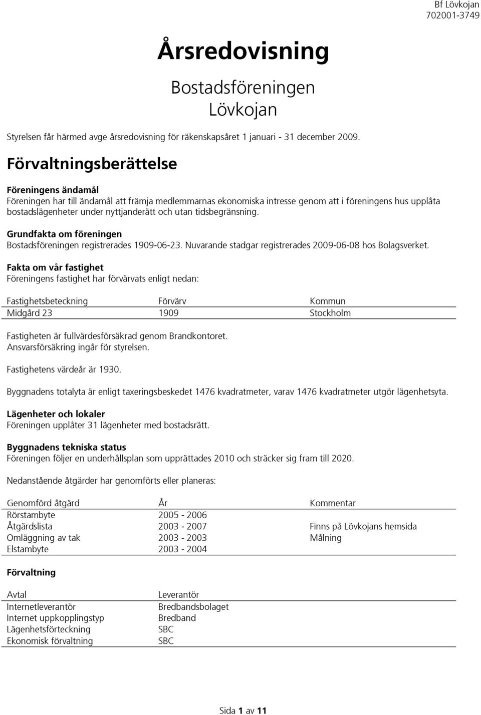 tidsbegränsning. Grundfakta om föreningen Bostadsföreningen registrerades 1909-06-23. Nuvarande stadgar registrerades 2009-06-08 hos Bolagsverket.