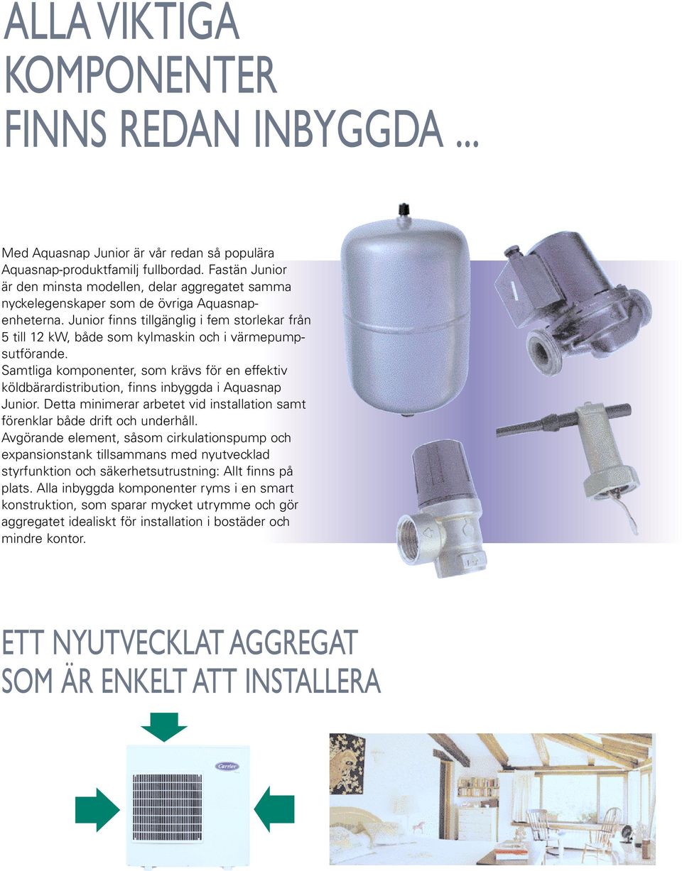 Junior finns tillgänglig i fem storlekar från 5 till 12 kw, både som kylmaskin och i värmepumpsutförande.