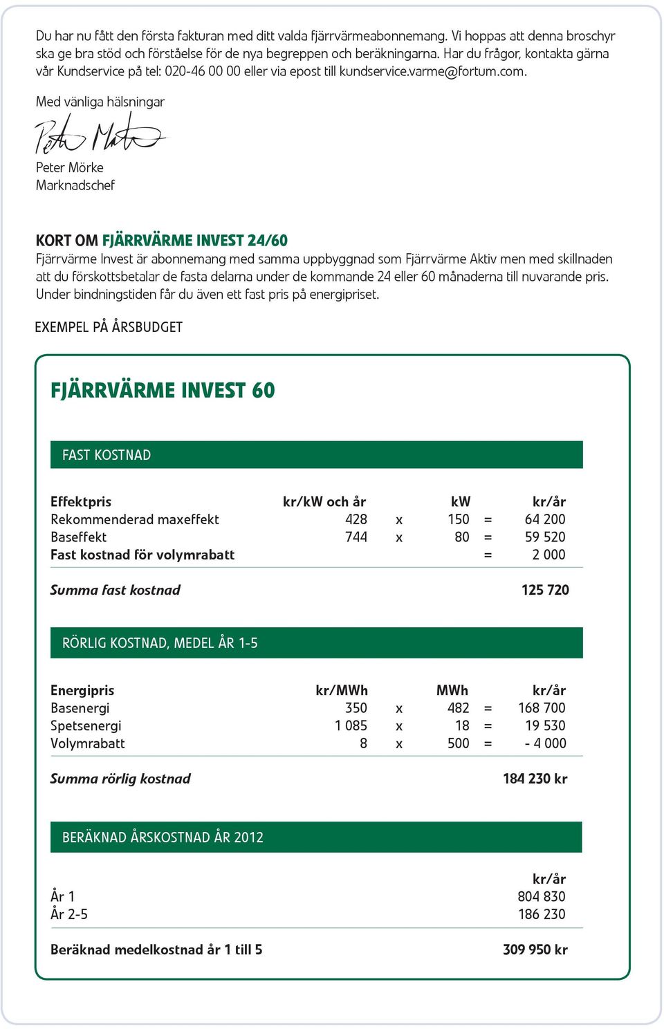 Med vänliga hälsningar Peter Mörke Marknadschef Kort om FJÄRRVÄRMe invest 24/60 Fjärrvärme Invest är abonnemang med samma uppbyggnad som Fjärrvärme Aktiv men med skillnaden att du förskottsbetalar de