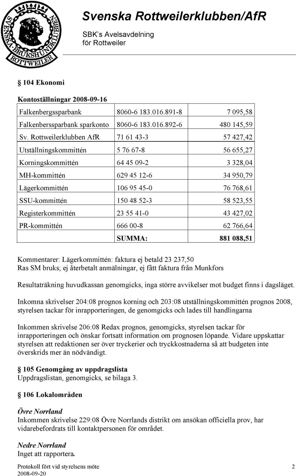 SSU-kommittén 150 48 52-3 58 523,55 Registerkommittén 23 55 41-0 43 427,02 PR-kommittén 666 00-8 62 766,64 SUMMA: 881 088,51 Kommentarer: Lägerkommittén: faktura ej betald 23 237,50 Ras SM bruks; ej