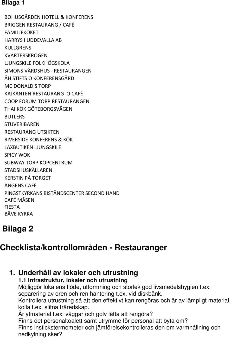 LJUNGSKILE SPICY WOK SUBWAY TORP KÖPCENTRUM STADSHUSKÄLLAREN KERSTIN PÅ TORGET ÄNGENS CAFÉ PINGSTKYRKANS BISTÅNDSCENTER SECOND HAND CAFÉ MÅSEN FIESTA BÄVE KYRKA Bilaga 2 Checklista/kontrollområden -