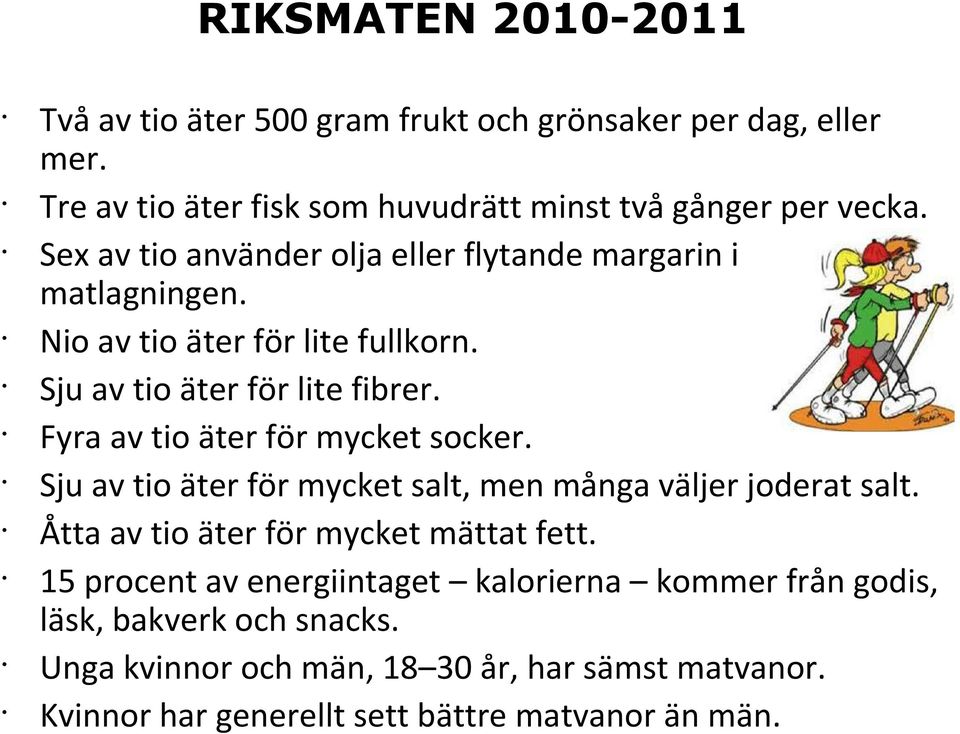 Fyra av tio äter för mycket socker. Sju av tio äter för mycket salt, men många väljer joderat salt. Åtta av tio äter för mycket mättat fett.