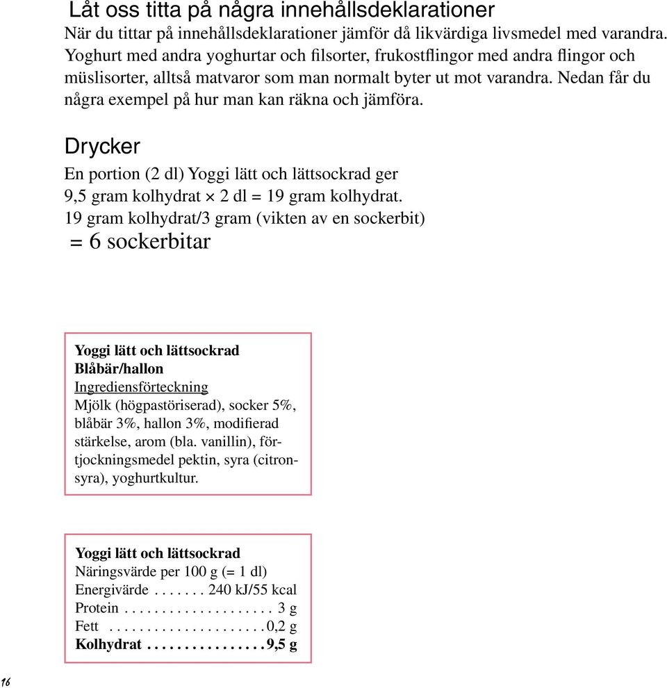 Nedan får du några exempel på hur man kan räkna och jämföra. Drycker En portion (2 dl) Yoggi lätt och lättsockrad ger 9,5 gram kolhydrat 2 dl = 19 gram kolhydrat.