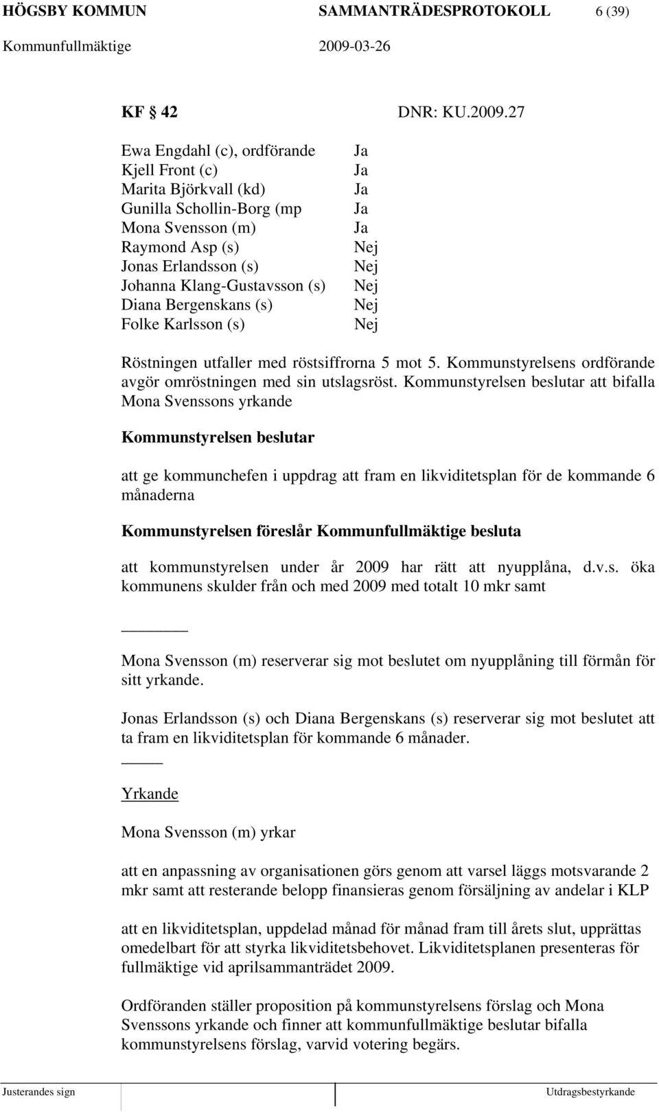 (s) Folke Karlsson (s) Ja Ja Ja Ja Ja Nej Nej Nej Nej Nej Röstningen utfaller med röstsiffrorna 5 mot 5. Kommunstyrelsens ordförande avgör omröstningen med sin utslagsröst.