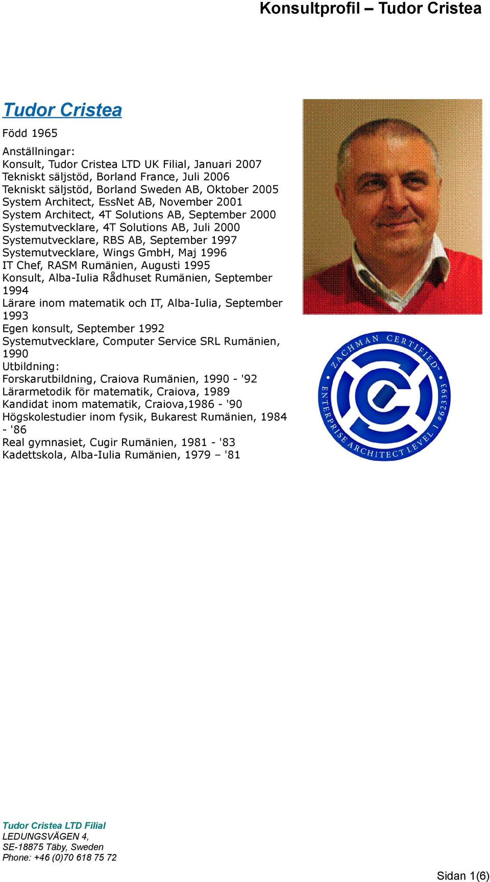 GmbH, Maj 1996 IT Chef, RASM Rumänien, Augusti 1995 Konsult, Alba-Iulia Rådhuset Rumänien, September 1994 Lärare inom matematik och IT, Alba-Iulia, September 1993 Egen konsult, September 1992