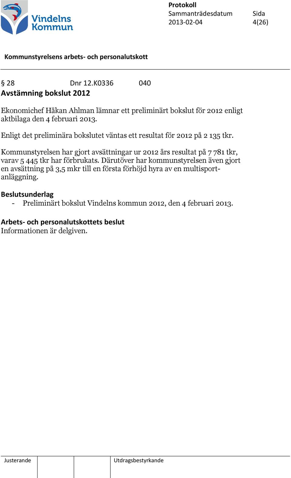 Enligt det preliminära bokslutet väntas ett resultat för 2012 på 2 135 tkr.