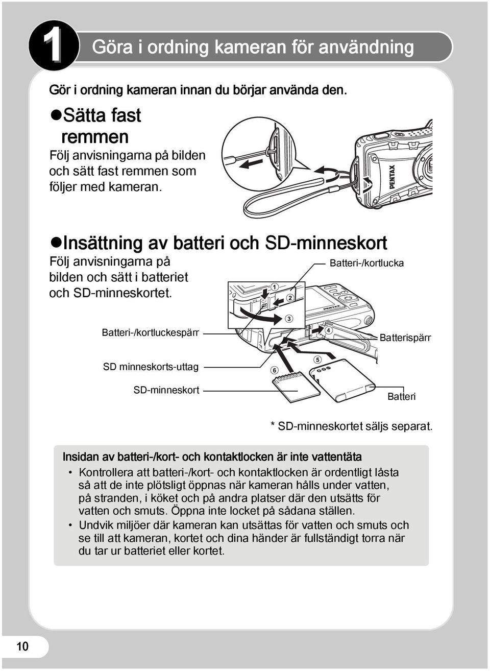 Batteri-/kortlucka Batteri-/kortluckespärr Batterispärr SD minneskorts-uttag SD-minneskort Batteri * SD-minneskortet säljs separat.