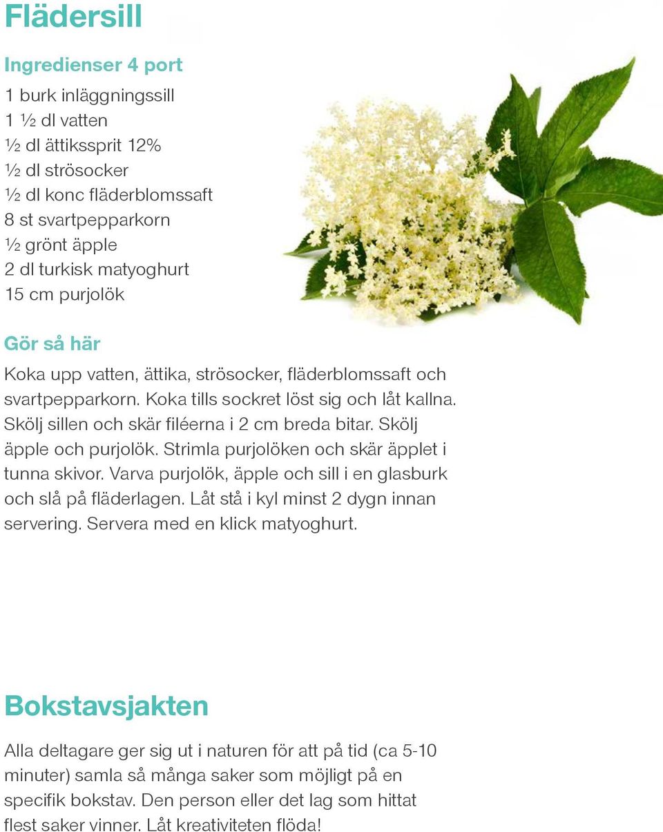 Skölj äpple och purjolök. Strimla purjolöken och skär äpplet i tunna skivor. Varva purjolök, äpple och sill i en glasburk och slå på fläderlagen. Låt stå i kyl minst 2 dygn innan servering.