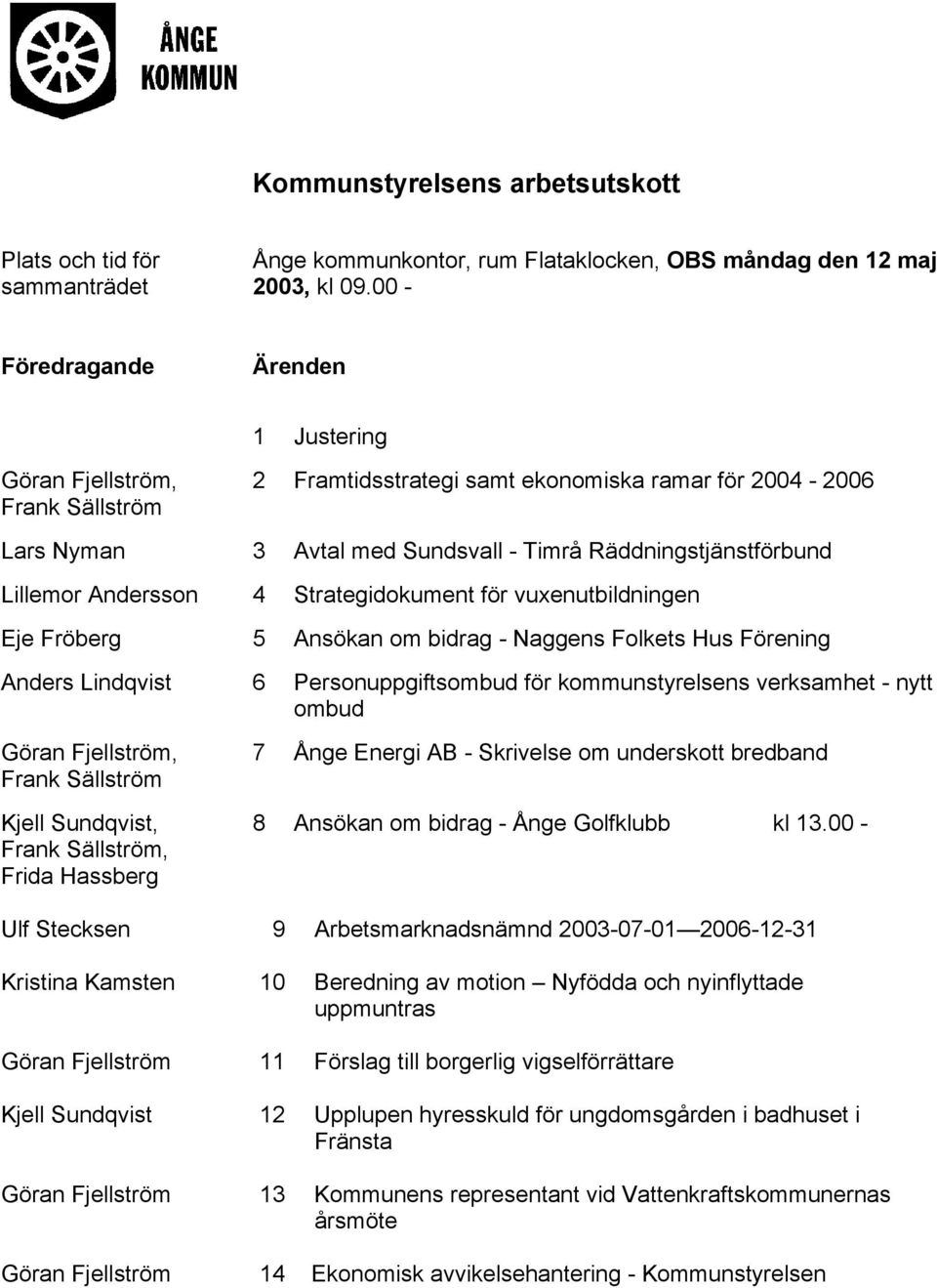 Andersson 4 Strategidokument för vuxenutbildningen Eje Fröberg 5 Ansökan om bidrag - Naggens Folkets Hus Förening Anders Lindqvist 6 Personuppgiftsombud för kommunstyrelsens verksamhet - nytt ombud