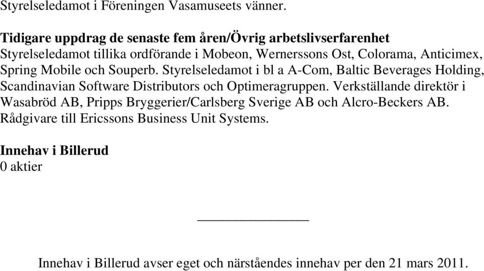 Styrelseledamot i bl a A-Com, Baltic Beverages Holding, Scandinavian Software Distributors och Optimeragruppen.